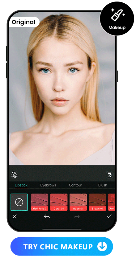 apply lipstick, eyebrows, blush makeup features to a woman's photo with PhotoDirector